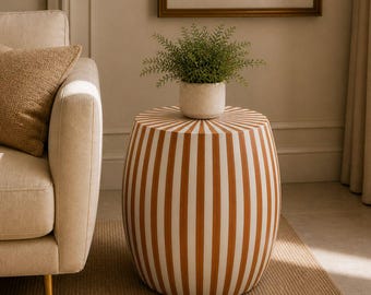 Handmade Bone Inlay Accent Table – White & Orange Resin Striped Luxury Side Stool