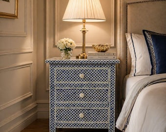 Handcrafted Bone Inlay Nightstand, Floral Modern Luxury  3 Drawer Cabinet