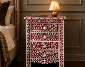 Mesita de noche de lujo con incrustaciones de hueso hechas a mano y 4 cajones.