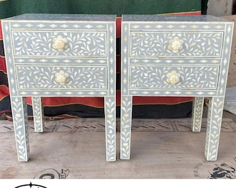 Handmade Bone Inlay Bedside Table | Floral  Pattern Nightstand Furniture