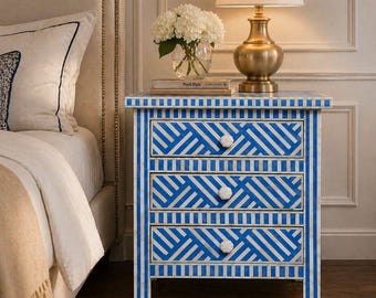 Handmade Luxury Bone Inlay Bedside Table – Modern 3 Drawer Nightstand