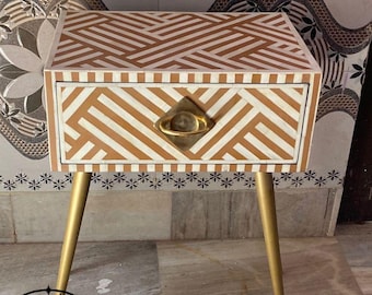 Handmade Modern Bone Inlay Nightstand – Geometric Pattern Design