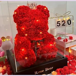 Rose Teddy Bear Gift - Eternal Rose Bear for Her, Mom, Romantic Anniversary, Valentine’s Day, Floral Home Decor, Unique Keepsake