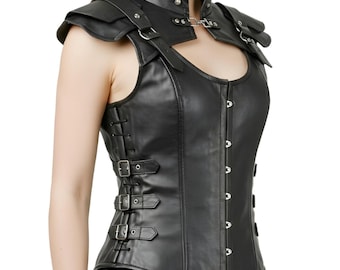 Black Leather Gothic Corset Vest: Steampunk Assassin Armor Top