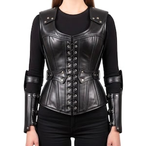 Déguisement corset noir en cuir véritable pour femme avec brassards - Costume de guerrier gothique, cosplay d&#39;Halloween, tenue de sorcière et de vampire