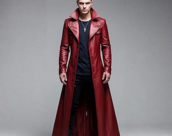 Men’s Red Leather Trench Coat | Handmade Gothic Long Coat, Steampunk Cosplay Fashion