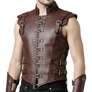 Genuine Leather Gothic Cowboy Vest for Men – Brown Steampunk Buckle Armor Vest, Festival, Cosplay, LARP, Renaissance Outfit