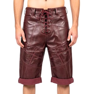 Handmade Burgundy Leather Lace-Up Shorts: Gothic Biker Style