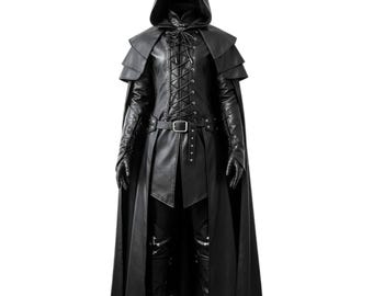 Genuine Leather Hooded Assassin Costume: Medieval Gothic Cosplay Armor
