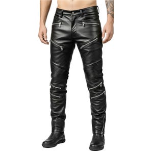 Men’s Black Leather Biker Pants Halloween Costume Pants – Gothic Punk Rocker Trousers with Zippers – Genuine Leather Motorcycle Pants XS–4XL