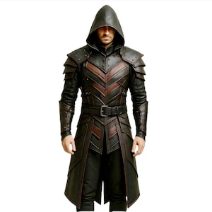 Men’s Genuine Leather Hooded Assassin Coat | Black Gothic LARP Armor | Handmade Cosplay Trench | Medieval Fantasy Costume