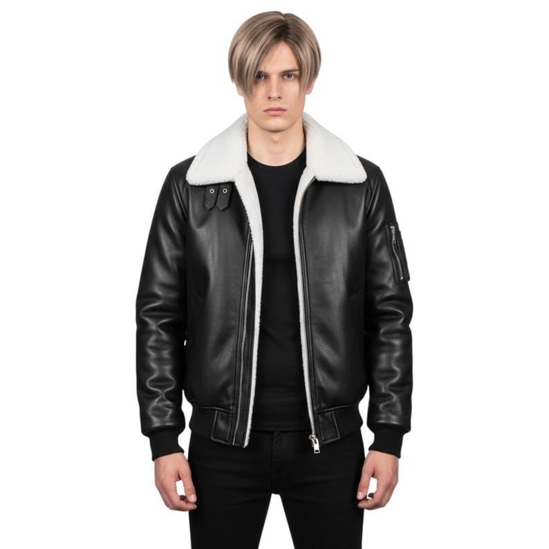 leon re4 jacket, re4 cosplay jacket, re4 jacket, leon kennedy jacket, resident evil jacket, resident evil 4, b3 bomber jacket, aviator shearling, shearling bomber, winter cosplay, halloween jacket, flight jacket, shearling jacket