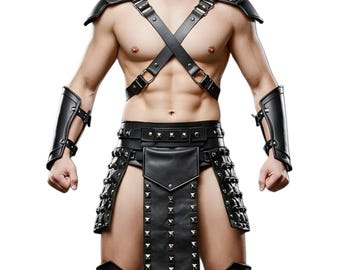 May include: Black leather gladiator-style outfit featuring shoulder armor, arm cuffs, a harness, and a studded skirt. The outfit includes a belt with a pouch and knee-high boots. The design incorporates metal hardware and rivets.