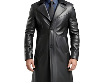 Men’s Black Genuine Leather Trench Coat | Handmade Long Cowhide Coat