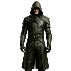Men&#39;s Black Gothic Leather Hooded Armor Coat | Medieval Fantasy Sci-Fi Costume | Steampunk Warrior Trench Coat | Custom Cosplay Outfit