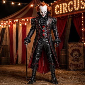 Op de afbeelding: Een clownskostuum bestaande uit een lange jas in leerstijl met rode biezen, een hoge kraag met ruches en drie rode pomponknopen. De outfit bevat een zwarte broek, zwarte handschoenen, zwarte veterschoenen en een wandelstok met gouden knop.