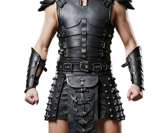 May include: Black leather armor set with shoulder spikes, chest plates, and studded skirt. Includes matching arm guards and a belt with a buckle. The armor is designed with multiple straps and rivets for a detailed, rugged look.