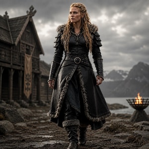 May include: A long black leather coat featuring fur-trimmed shoulders and hem, layered over matching trousers and boots. The garment includes structured shoulder plates, a central belt with a circular buckle, and intricate stitching details throughout.