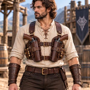 Può includere: Una doppia fondina a spalla in pelle marrone con due revolver, indossata sopra una camicia beige a maniche lunghe con allacciatura. Il set include bracciali in pelle abbinati e un'ampia cintura in pelle con fibbia in ottone e rivetti metallici.