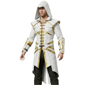 White and Gold Hooded Coat – Men’s Medieval Fantasy Jacket – Renaissance Cosplay Outfit – Steampunk Gothic Trench Coat – LARP Costume