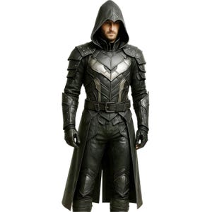 Men&#39;s Gothic Sci-Fi Leather Armor Coat | Black Hooded Fantasy Costume | Custom Medieval Steampunk Trench | Outfit for LARP, Halloween