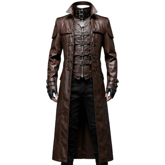 Men's Gothic Steampunk Brown Leather Trench Coat - Buckled