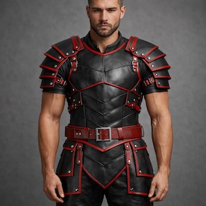 Puede incluir: Armadura de cuero negro con ribetes y detalles en rojo. La armadura presenta hombreras superpuestas, un torso ajustado con diseño de chevrón y un cinturón a juego. Se observan remaches y hebillas metálicas.