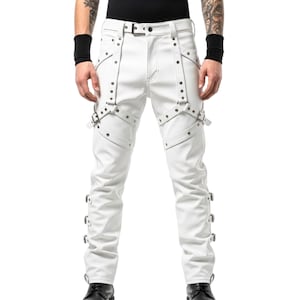White Gothic Leather Pants with Straps for Men | Halloween Cosplay Trousers | Punk Rock Steampunk Biker Costume Pants | Festival Rave Outfit