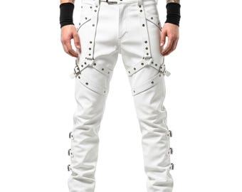 White Gothic Leather Pants with Straps: Punk Rock Biker Costume