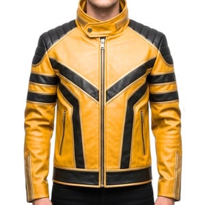 Men’s Yellow & Black Leather Jacket – Superhero Cosplay Costume, Halloween Biker Jacket, Comic-Con Outfit