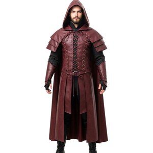 Genuine Leather Medieval Knight Costume: Burgundy Armor, Hooded Cloak