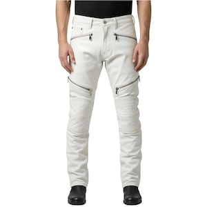White Leather Pants for Men | Genuine Quilted Biker Trousers Halloween Costume Outfit, Cosplay Villain Pants, Gothic Rockstar Festival Wear
