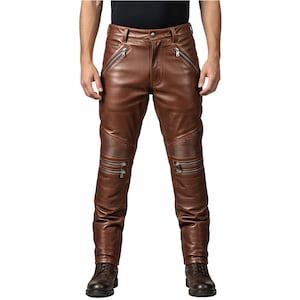 Halloween Leather Pants – Brown Genuine Leather Biker Trousers for Men, Rocker Cosplay Pants with Zippers, Handmade Leather Motorcycle Pants