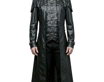 Genuine Black Leather Gothic Trench Coat: Steampunk Cosplay Overcoat