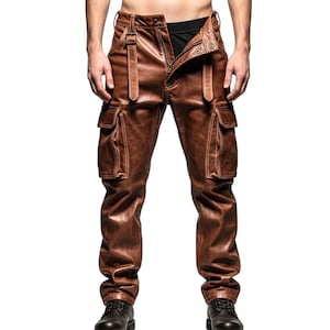 Men’s Brown Genuine Leather Cargo Pants | Steampunk Gothic Trousers for Cosplay, Biker & Halloween
