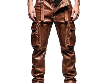 Pantalones cargo de cuero genuino marrón para hombre / Pantalones góticos steampunk para cosplay, motociclistas y Halloween