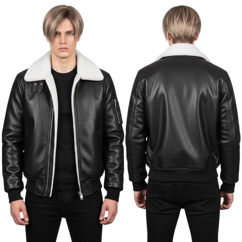 leon re4 jacket, re4 cosplay jacket, re4 jacket, leon kennedy jacket, resident evil jacket, resident evil 4, b3 bomber jacket, aviator shearling, shearling bomber, winter cosplay, halloween jacket, flight jacket, shearling jacket