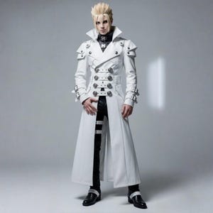 Może przedstawiać: Długi, biały płaszcz z wieloma srebrnymi guzikami i klamrami. Płaszcz ma naramienniki i wysoki kołnierz. Osoba nosi czarne spodnie i buty z białymi akcentami. Ogólny styl jest futurystyczny i odważny.