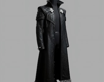 Men's Black Gothic Leather Trench Coat: Fur Hem Vampire Cosplay