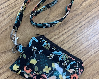 Bolsa carteira de identificação floral de papel rifle com cordão // bolsa de identificação floral com cordão // porta-identificação com bolsa com zíper // cordão // Estojo de crachá.