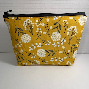 Mustard floral makeup bag// Large zipper Cosmetic bag/Floral accessory Pouch//Gold floral Toiletry Bag//Cosmetic organizer
