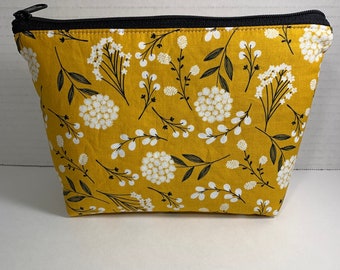 Mustard floral makeup bag// Large zipper Cosmetic bag/Floral accessory Pouch//Gold floral Toiletry Bag//Cosmetic organizer