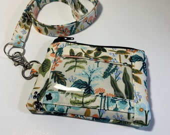 Floral ID Wallet Pouch with lanyard//floral ID pouch with lanyard//ID holder with zipper pouch//lanyard//Badge case.