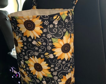 Waterproof, reusable Sunflowers and Bees car trash bag/Sunflowers and Bees Car trash bin/Sunflowers aBees Car trash holder/accessory holder.