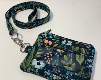 Rifle paper Floral ID Wallet Pouch with lanyard//floral ID pouch with lanyard//ID holder with zipper pouch//lanyard//Badge case.