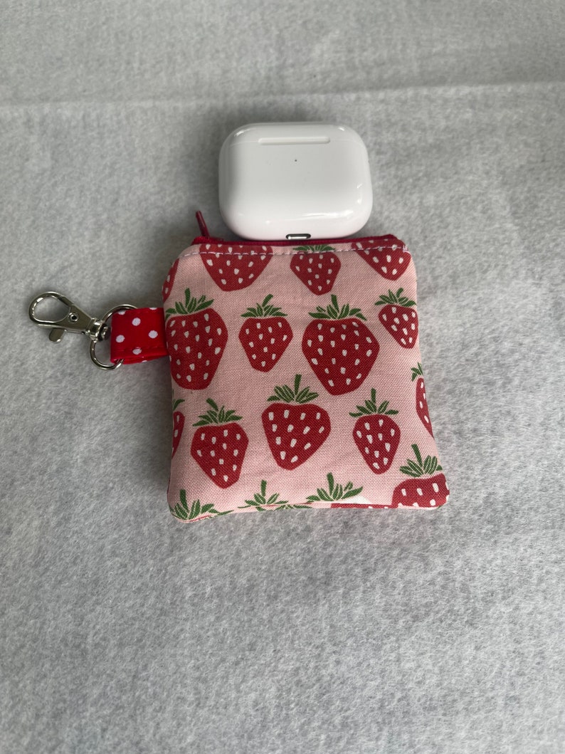 Strawberries print mini pouch//air pod pouch//Airpod holder//mini pouch//mini coin pouch//mini key ring pouch//Mini lip balm pouch image 3