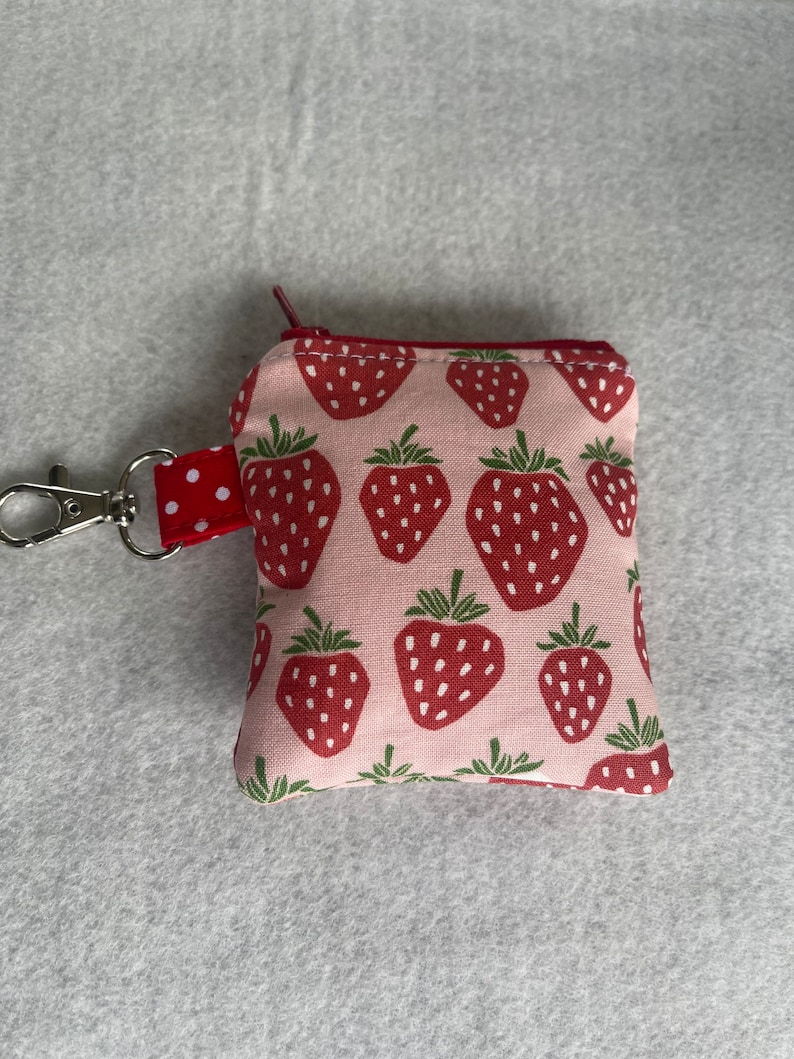 Strawberries print mini pouch//air pod pouch//Airpod holder//mini pouch//mini coin pouch//mini key ring pouch//Mini lip balm pouch image 2