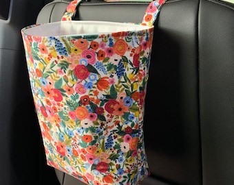 Three sizes//Waterproof, reusable Rifle paper floral car trash bag/Floral Car trash bin/Floral Car trash holder/accessory holder.