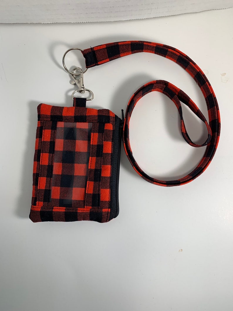 Buffalo checkered Wallet ID Pouch with lanyardred and black ID pouch with lanyardID holder with zipper pouchlanyardBadge case.