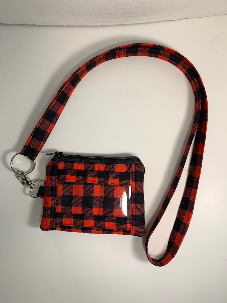 Buffalo checkered Wallet ID Pouch with lanyardred and black ID pouch with lanyardID holder with zipper pouchlanyardBadge case.